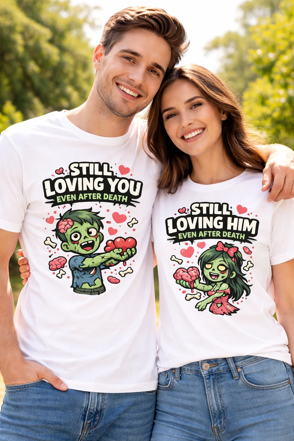 Тениски за двойки със забавен зомби дизайн Still Loving You