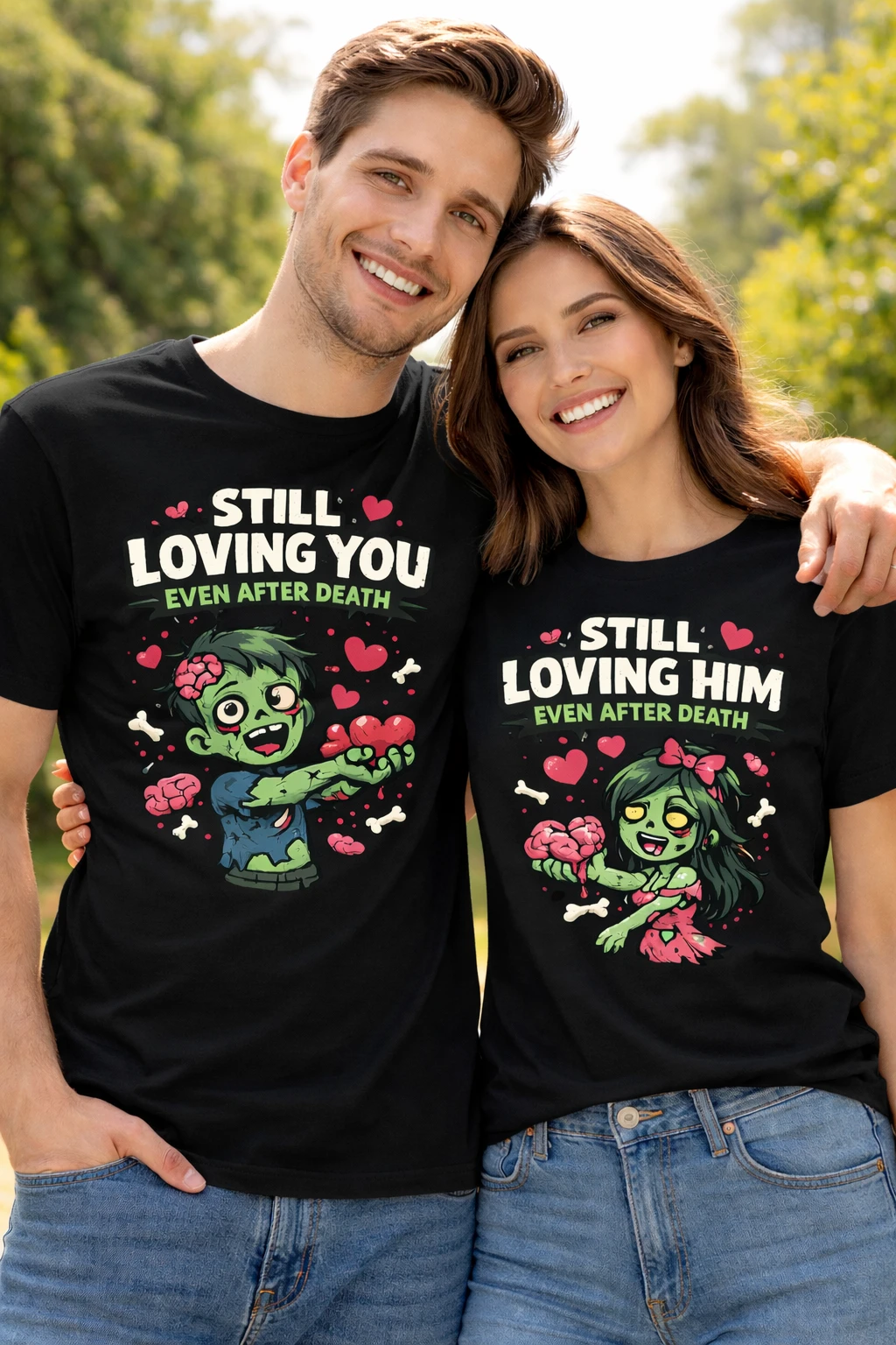 Тениски за двойки със забавен зомби дизайн Still Loving You
