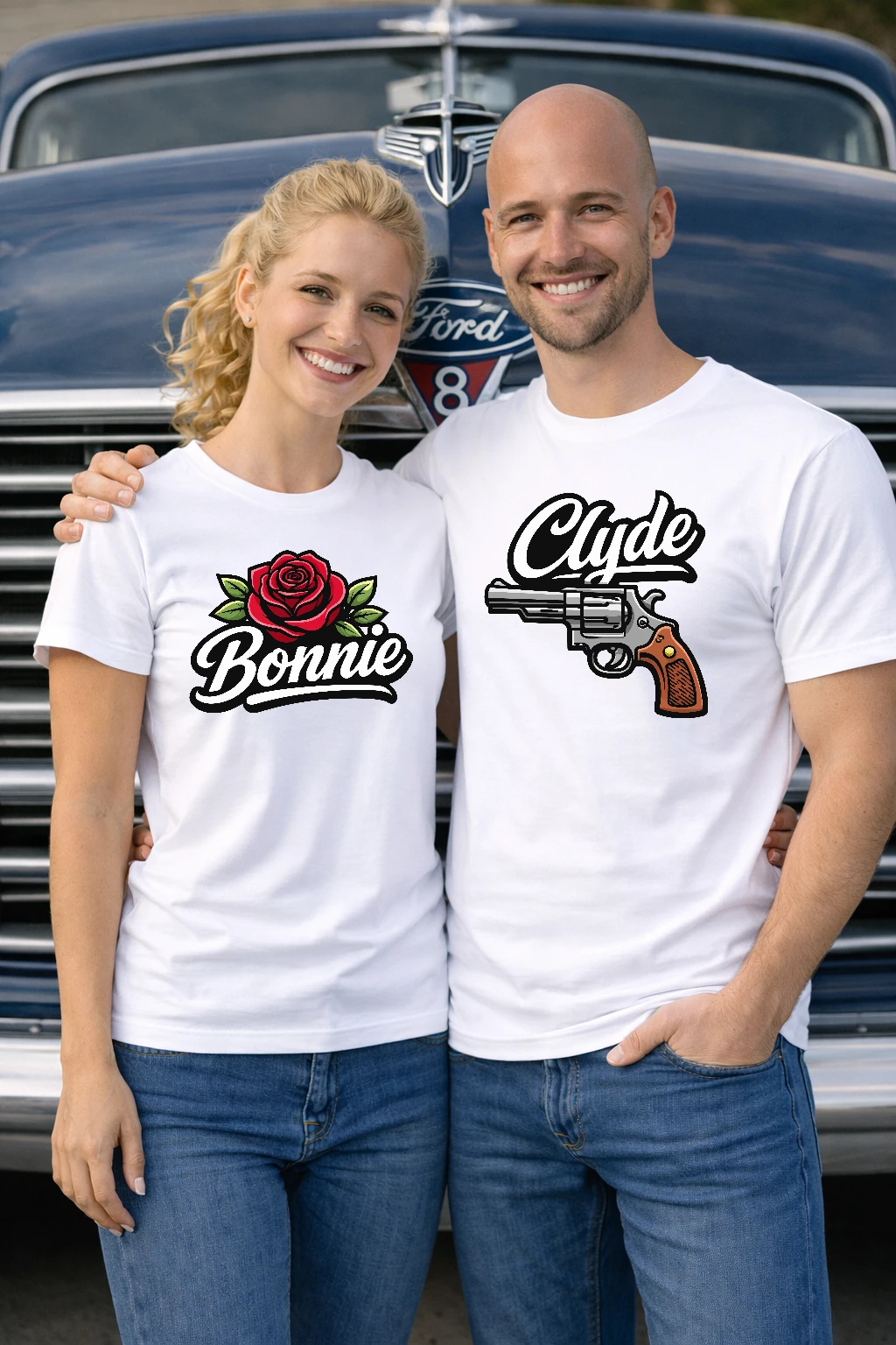 Тениски за двойки Bonnie и Clyde с роза и револвер