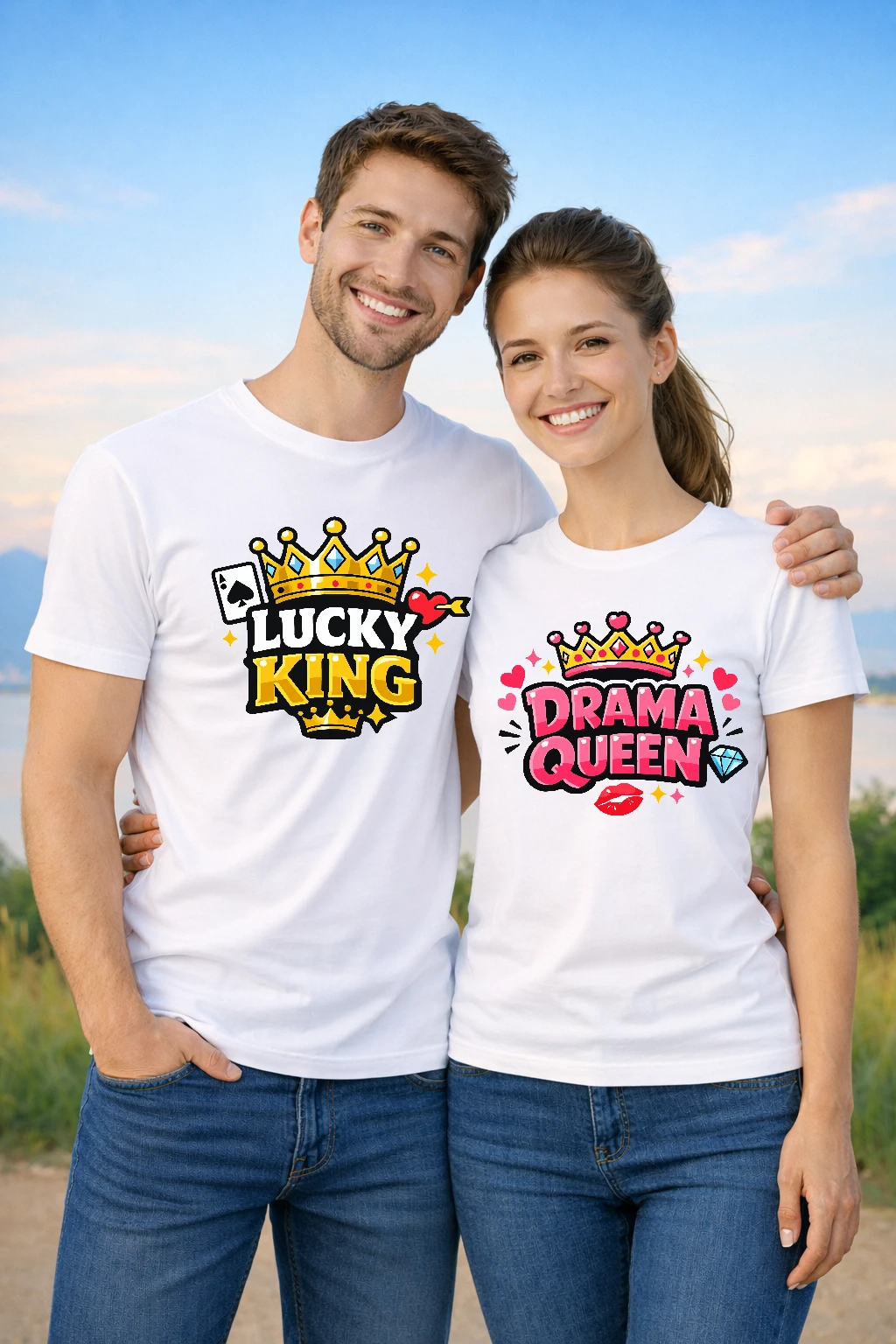 Тениски за двойки Lucky King и Drama Queen