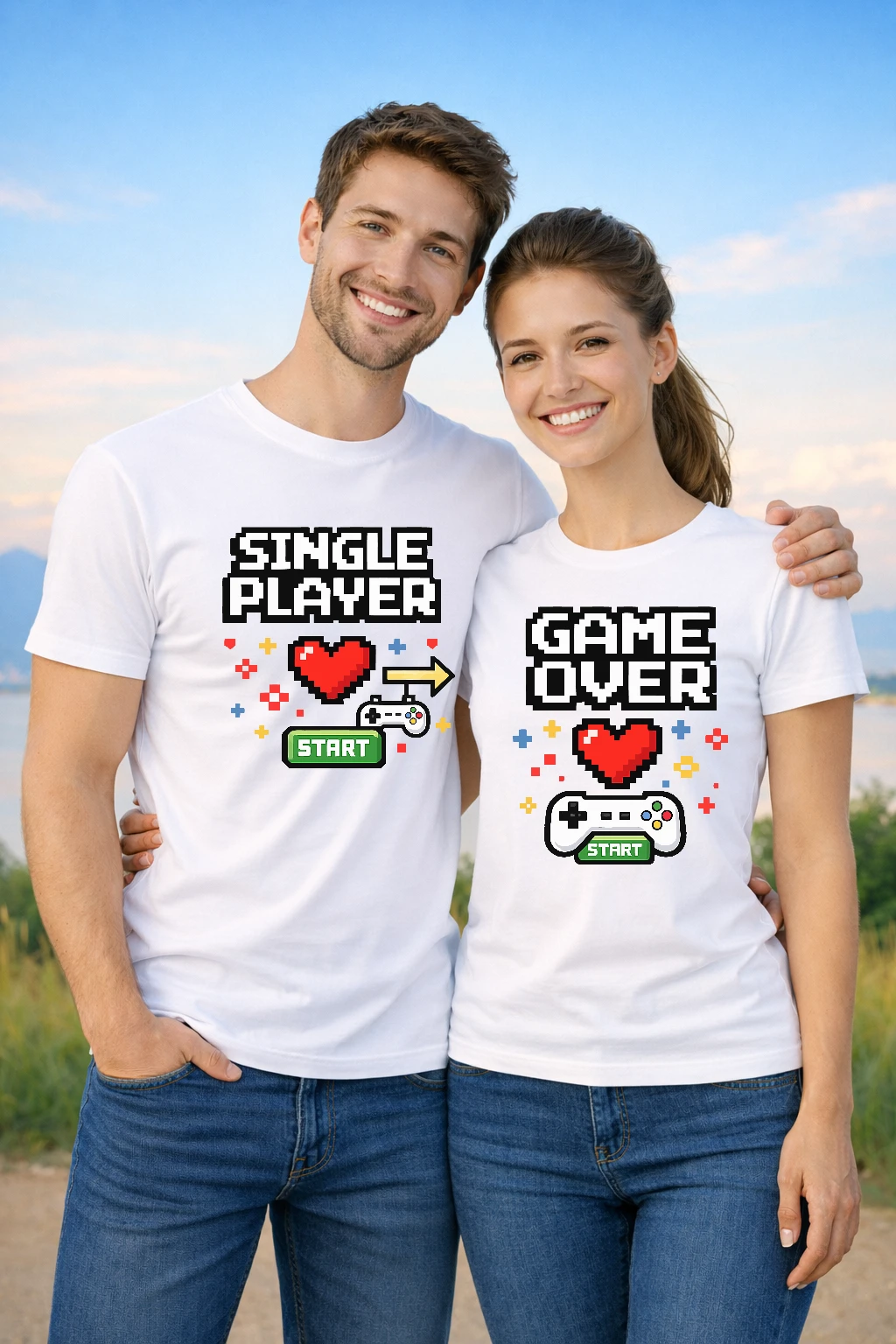 Тениски за двойки с геймърски дизайн Single Player и Game Over