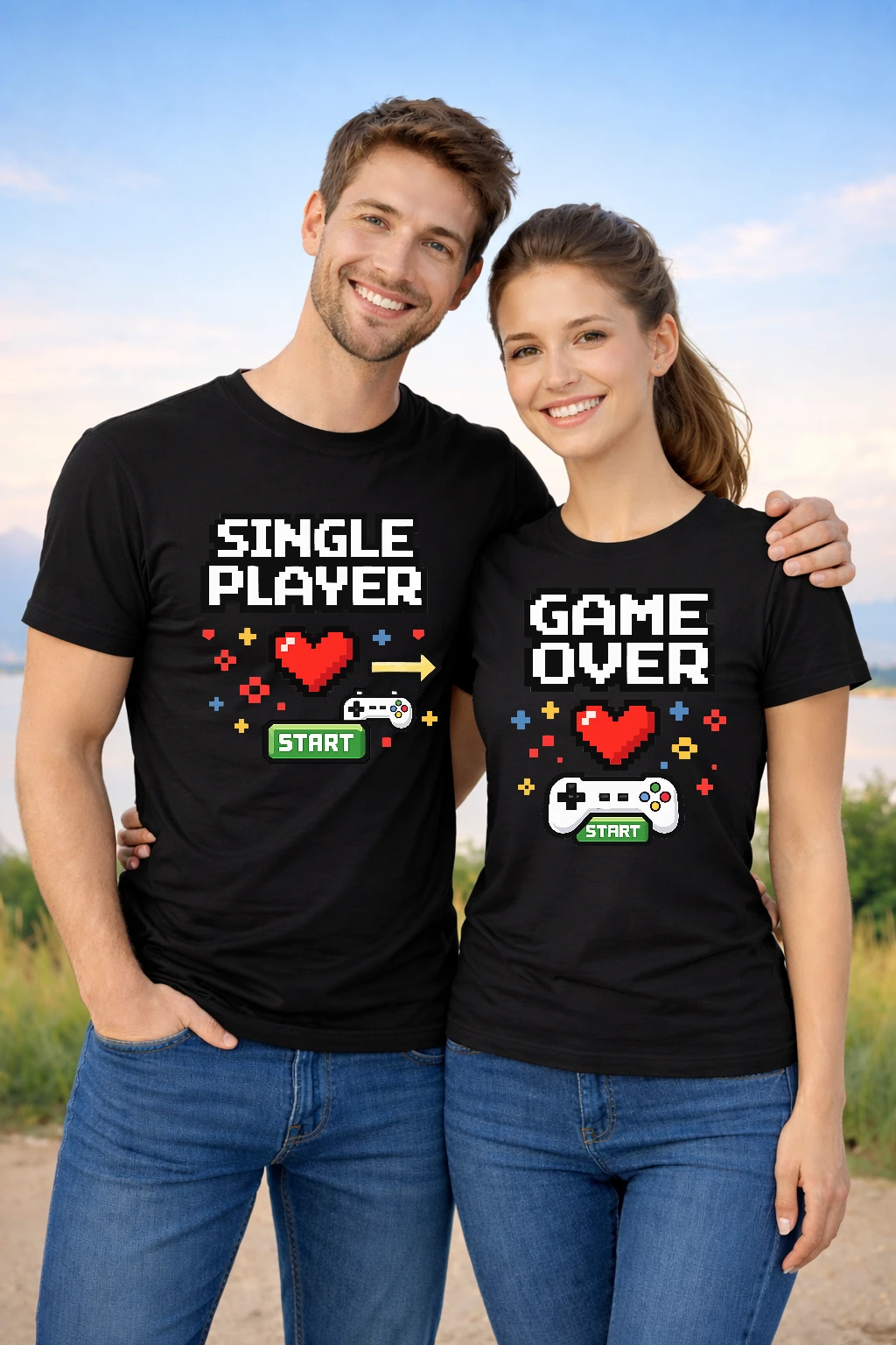 Тениски за двойки с геймърски дизайн Single Player и Game Over