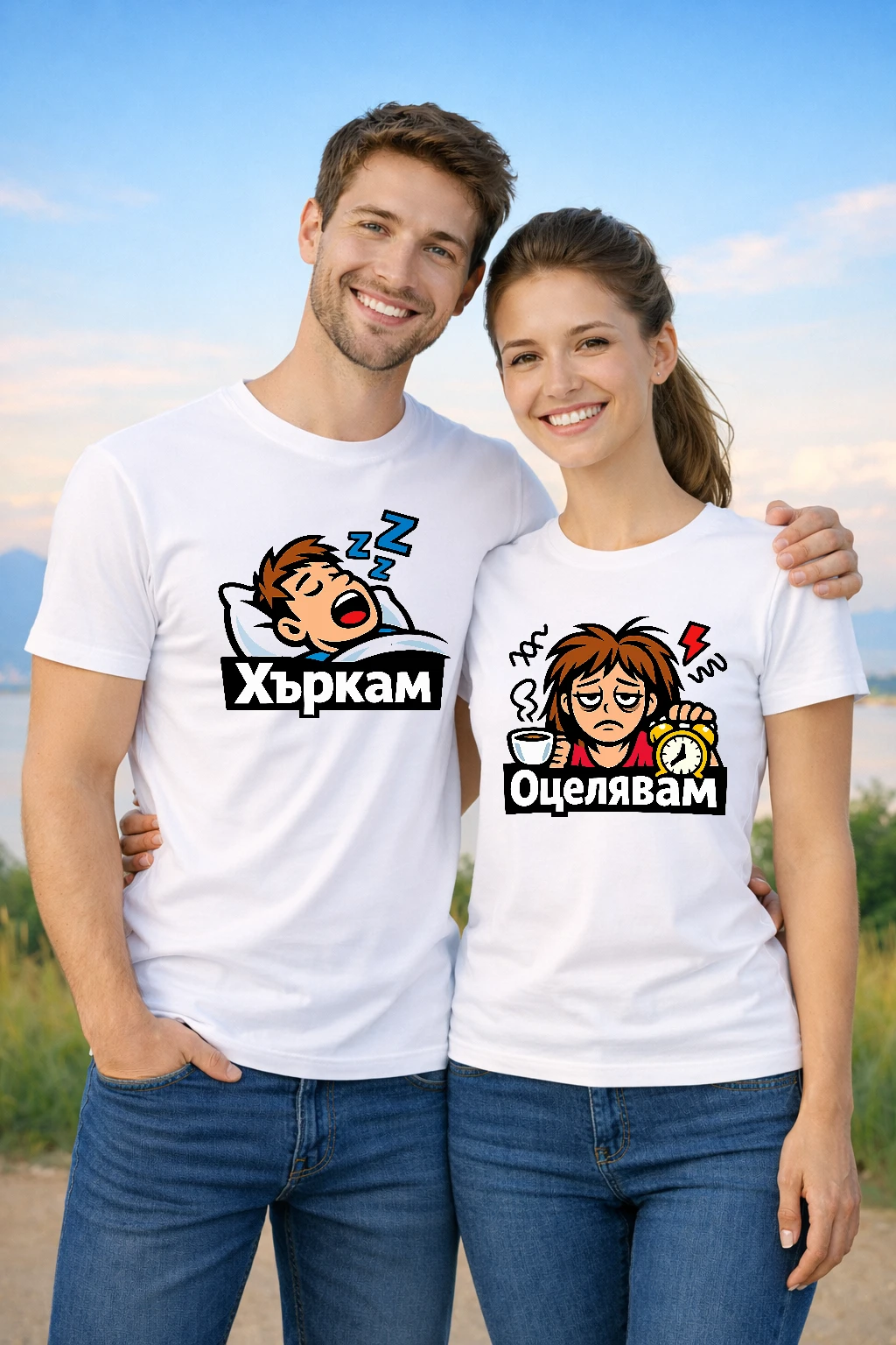 Забавни тениски за двойки – Хъркам и Оцелявам