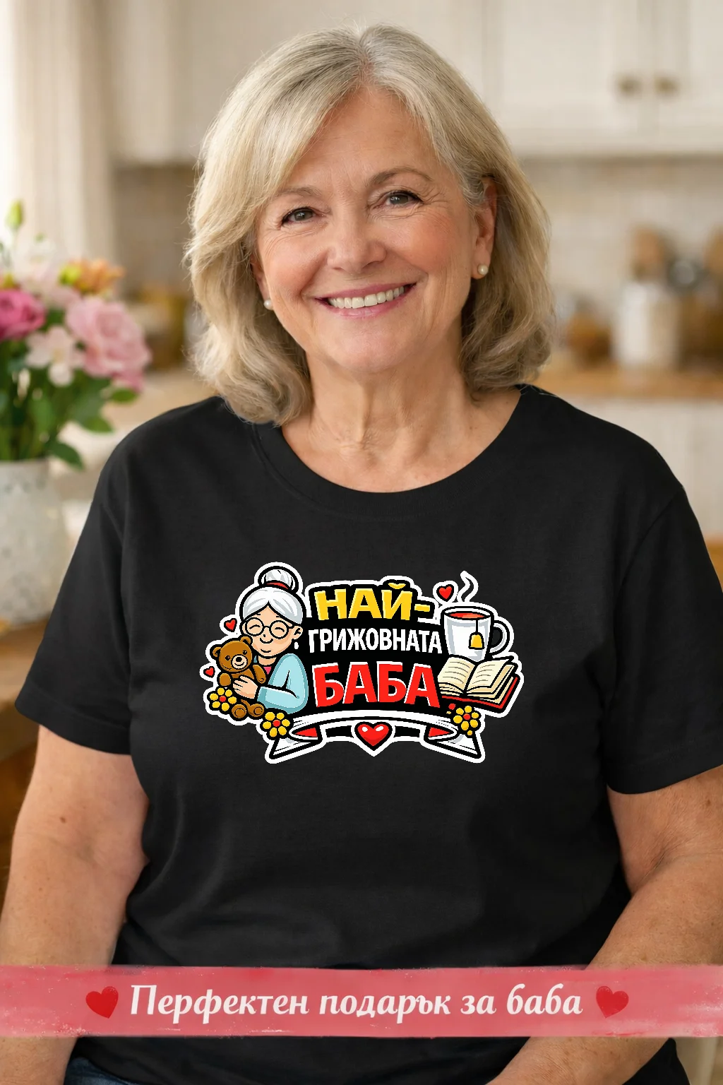 Тениска с надпис “Най-грижовната баба” – подарък за баба