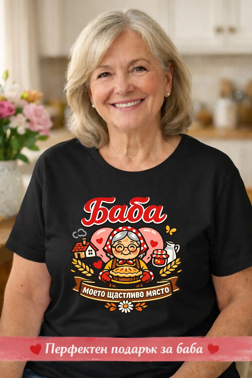 Тениска за баба с надпис “Баба – моето щастливо място”