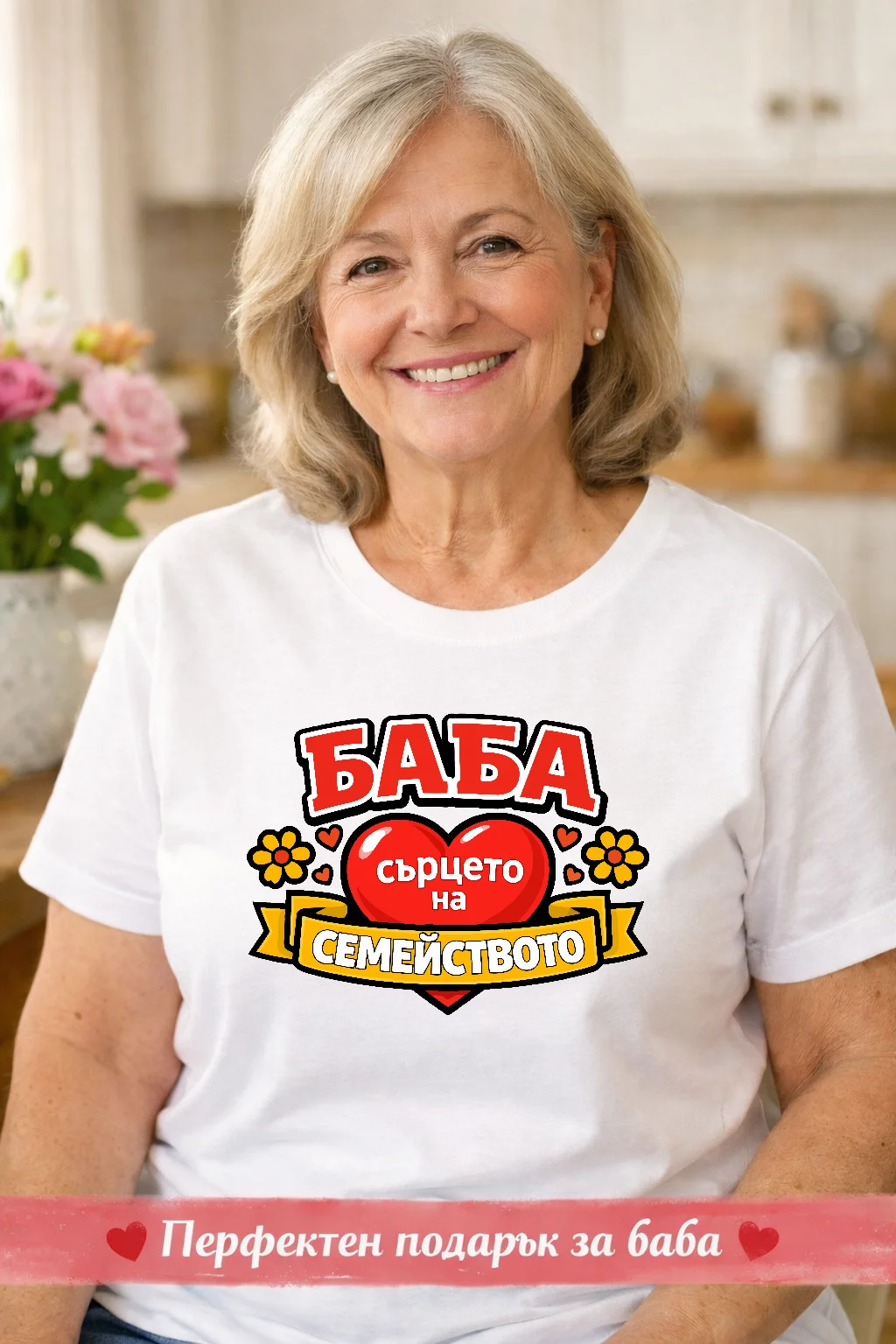 Тениска за баба с надпис „Баба сърцето на семейството“