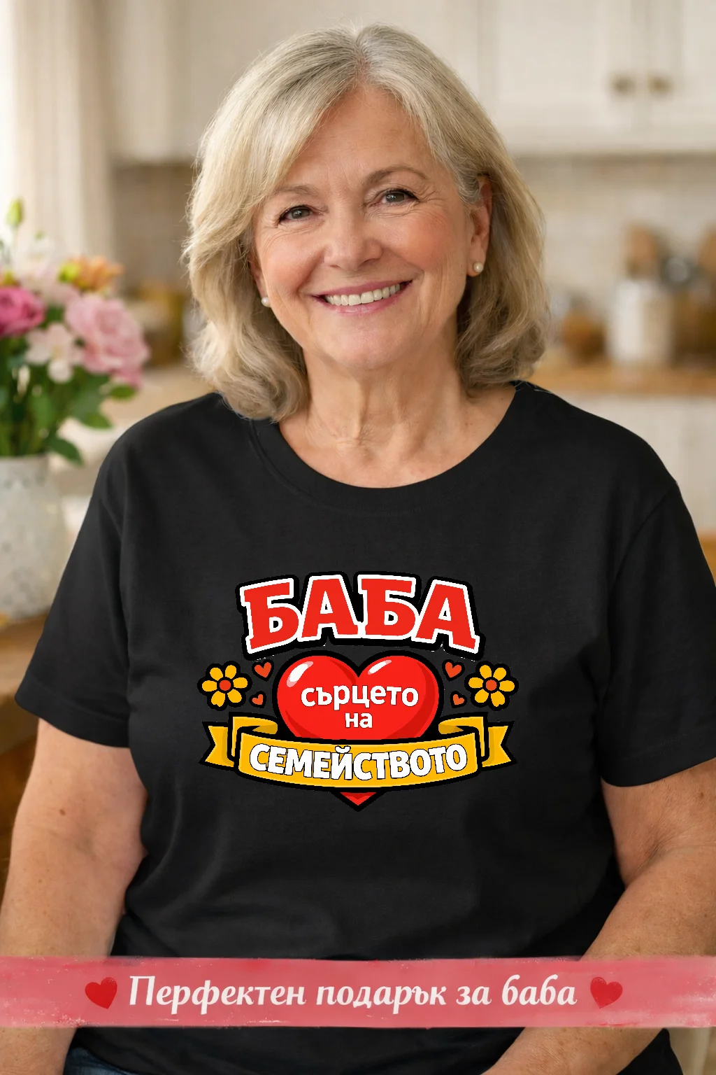 Тениска за баба с надпис „Баба сърцето на семейството“