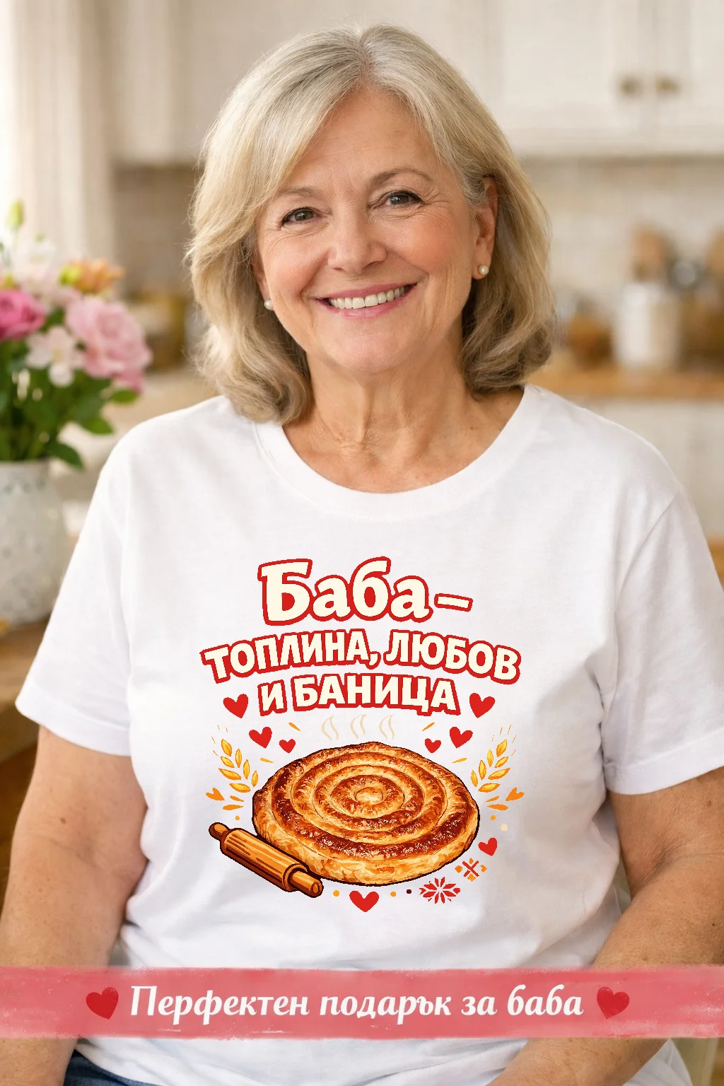 Тениска за баба с надпис “Топлина, любов и баница”